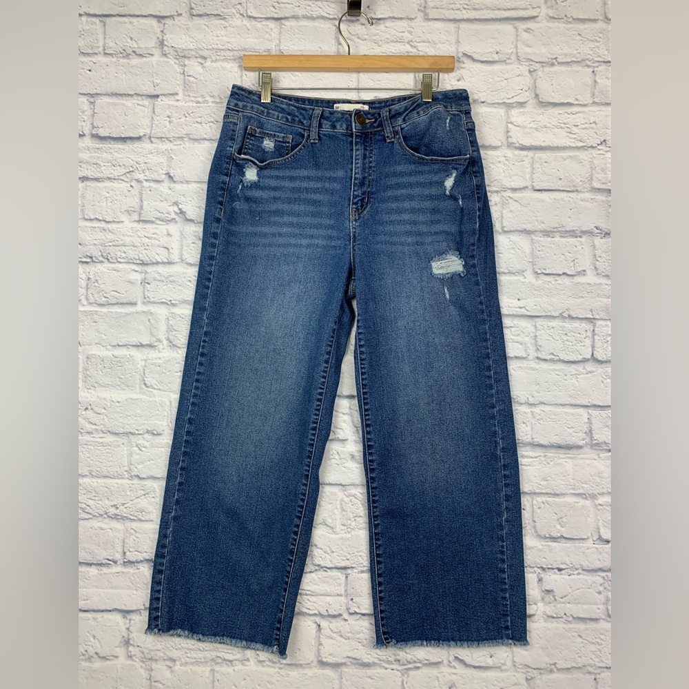 Juniors Women’s SO High Rise Wide Leg Distressed Frayed Hem Denim Jeans Size 15